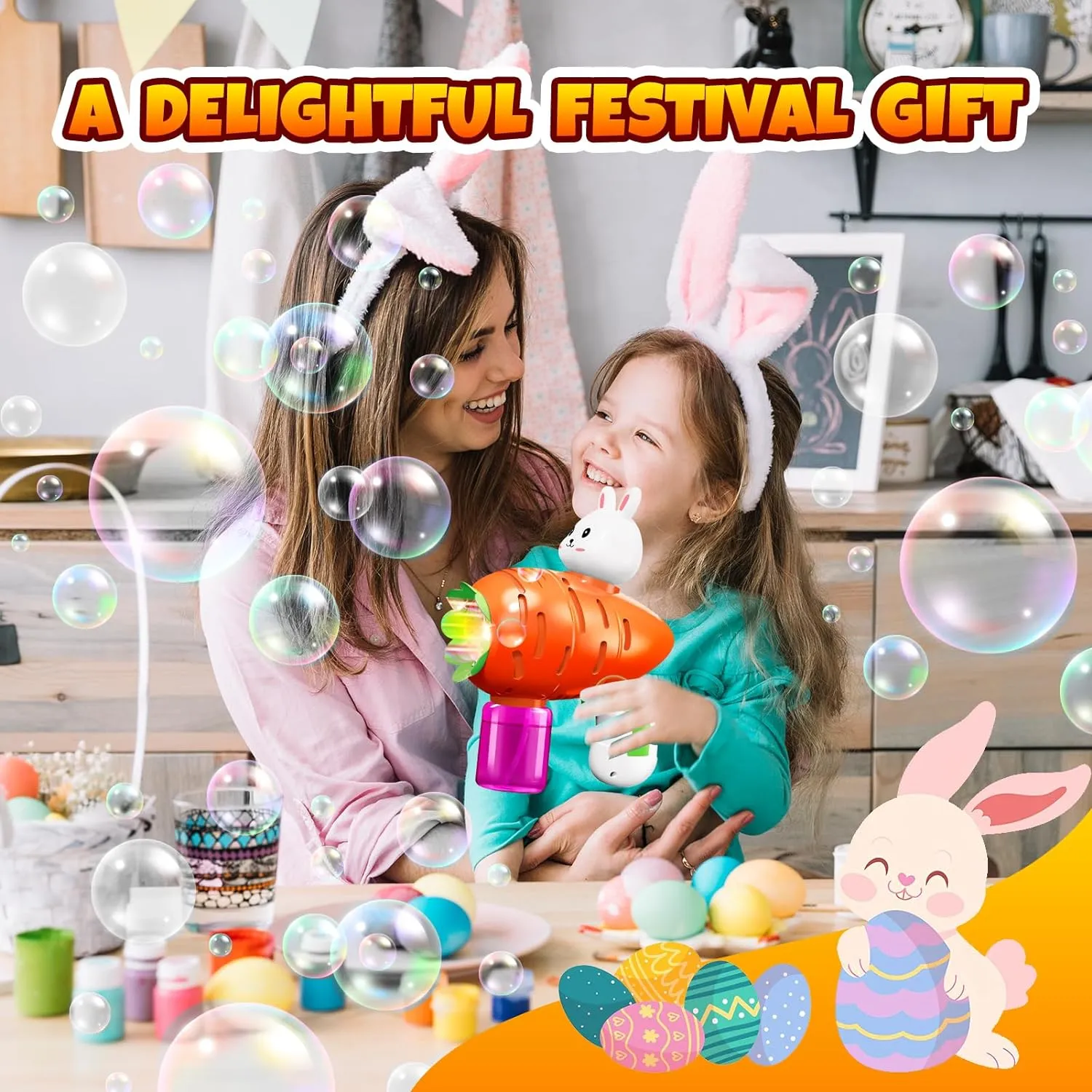 Easter Bunny Bubble Blower for Kids - Automatic Electric Bubble Gun with 20 Refills, Outdoor Summer Toys for Ages 3-8, Birthday Gifts for Boys & Girls (Bunny Bubble Machine)