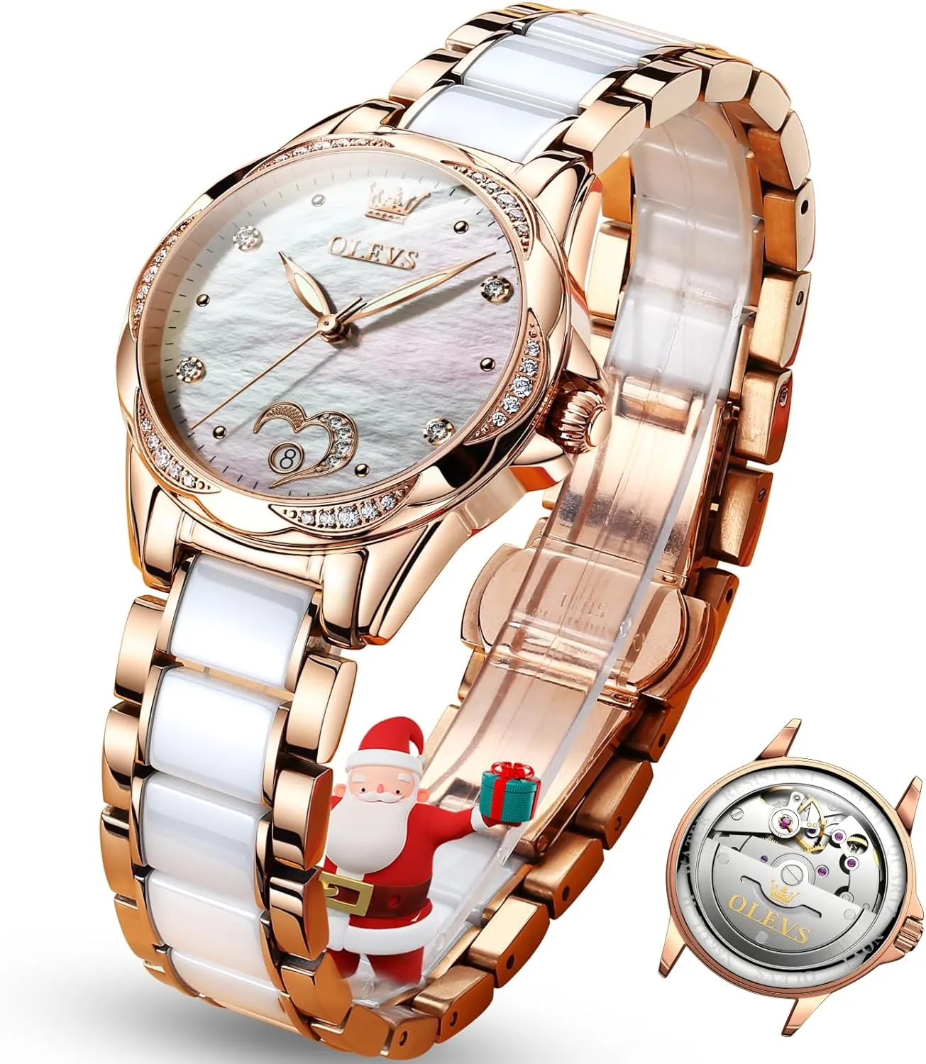 Elegent Rose Gold Women's Watches,Diamond Dress Watches recall terminal for Women,Blue/Red/White Dial Reloj para Muje OLEVS Watch Women,Automatic Watches for Women with Two Tone Stainless Steel Bracelet, 