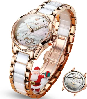 Elegent Rose Gold Women's Watches,Diamond Dress Watches recall terminal for Women,Blue/Red/White Dial Reloj para Muje OLEVS Watch Women,Automatic Watches for Women with Two Tone Stainless Steel Bracelet, 