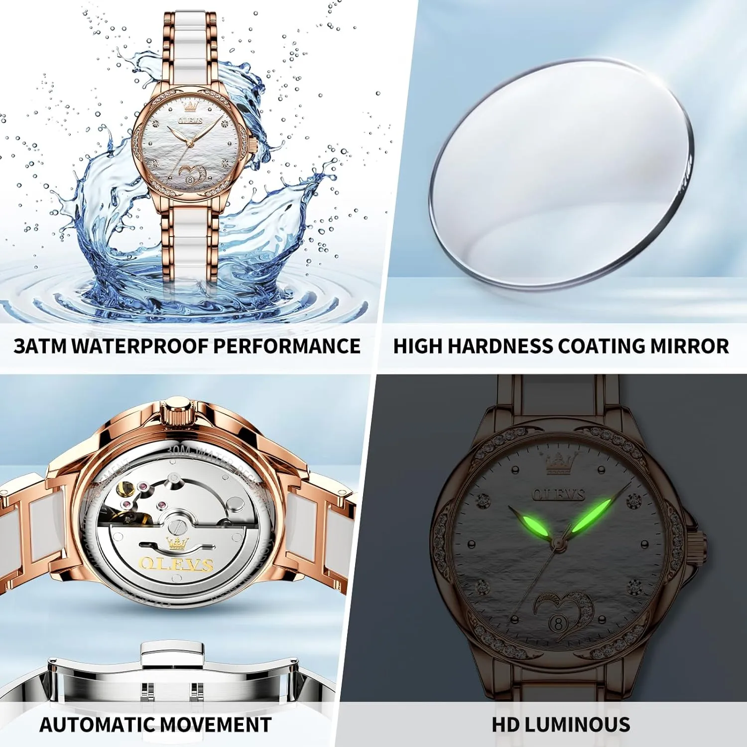 Elegent Rose Gold Women's Watches,Diamond Dress Watches recall terminal for Women,Blue/Red/White Dial Reloj para Muje OLEVS Watch Women,Automatic Watches for Women with Two Tone Stainless Steel Bracelet, 