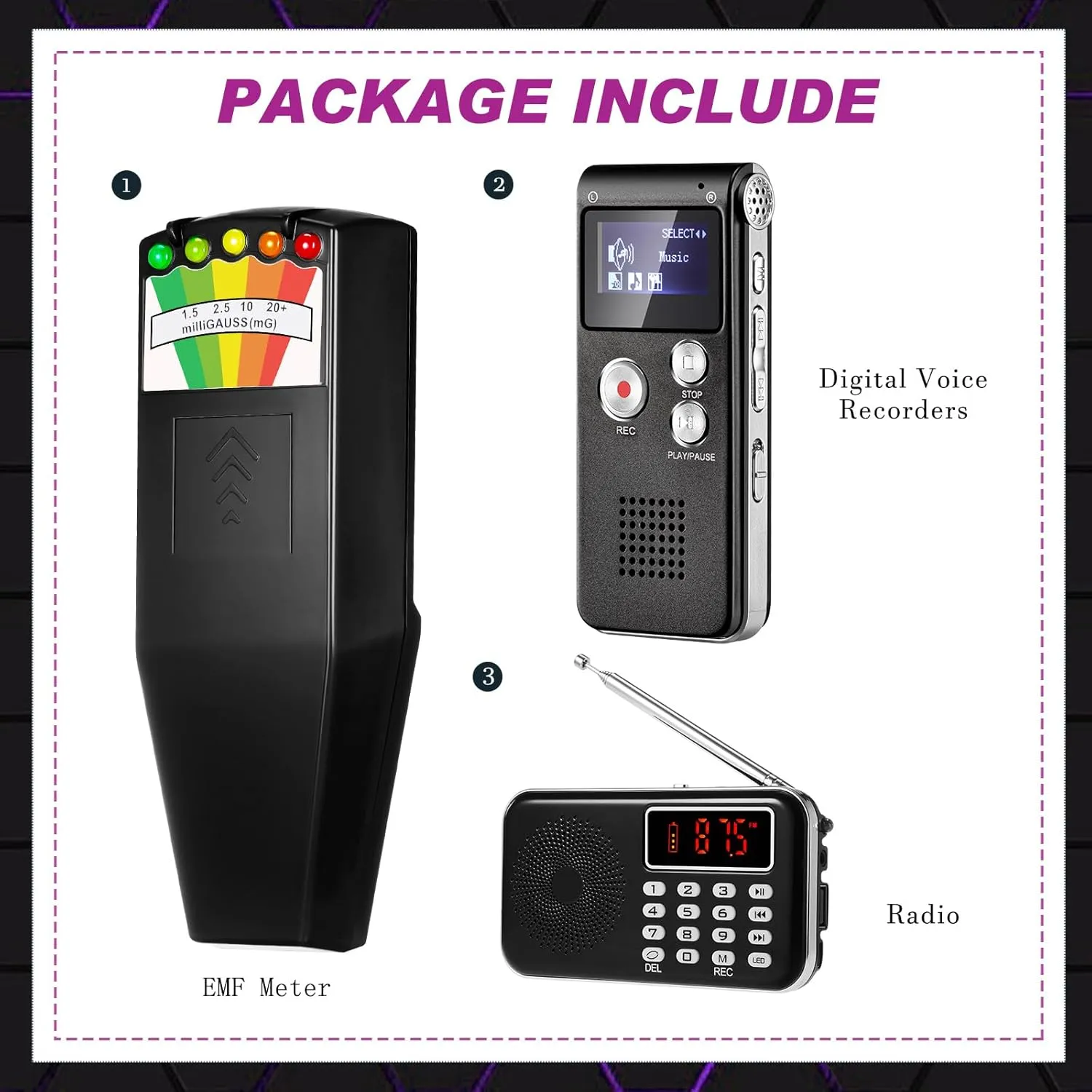 Emf Detector Emf Meter Magnetic Field Detector 1 Pcs Fm Radio EVP Recorder for Paranormal Research(Emf Meter2) 3 Pcs Ghost Hunting Equipment Kit volatility enrollment meticulous digitize Includes 1 Pcs 8GB Audio Recorder 1 Pcs 