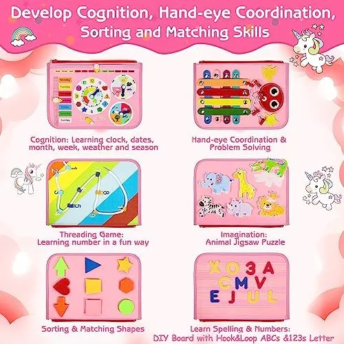 Esjay Toddler Busy Board Montessori Toys, Sensory Board Educational Activities for Learning Fine Motor Skills, Gifts for Girls Boys Toddlers, Travel Toys for Airplane Car,Fairy Horse