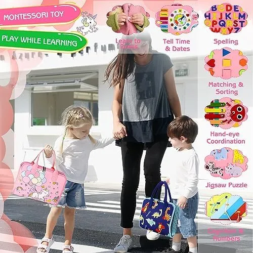 Esjay Toddler Busy Board Montessori Toys, Sensory Board Educational Activities for Learning Fine Motor Skills, Gifts for Girls Boys Toddlers, Travel Toys for Airplane Car,Fairy Horse