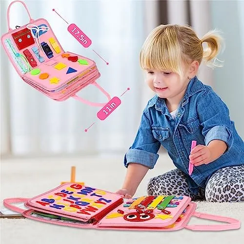 Esjay Toddler Busy Board Montessori Toys, Sensory Board Educational Activities for Learning Fine Motor Skills, Gifts for Girls Boys Toddlers, Travel Toys for Airplane Car,Fairy Horse