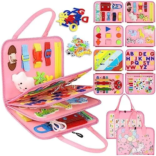 Esjay Toddler Busy Board Montessori Toys, Sensory Board Educational Activities for Learning Fine Motor Skills, Gifts for Girls Boys Toddlers, Travel Toys for Airplane Car,Fairy Horse