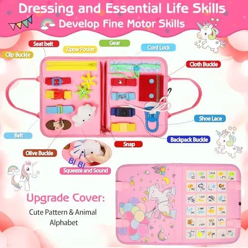 Esjay Toddler Busy Board Montessori Toys, Sensory Board Educational Activities for Learning Fine Motor Skills, Gifts for Girls Boys Toddlers, Travel Toys for Airplane Car,Fairy Horse