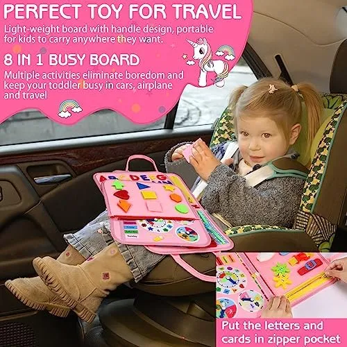 Esjay Toddler Busy Board Montessori Toys, Sensory Board Educational Activities for Learning Fine Motor Skills, Gifts for Girls Boys Toddlers, Travel Toys for Airplane Car,Fairy Horse