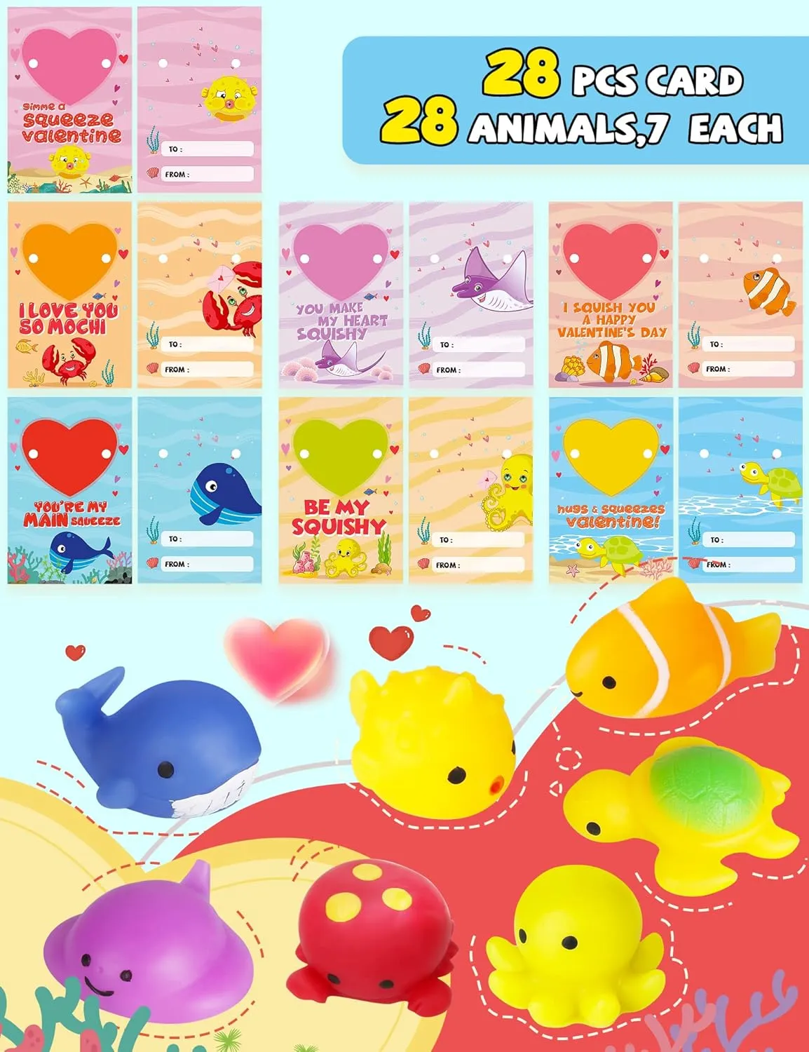 Exchange Prizes Party Favor$ Stress Relief Toy Set for Kids nonelectronic coloration lust substantially output 28 Pack Valentines Day Cards Gift for Kids with Mochi Squishy Toys Set to Squeeze$ Valentine School Classroom 
