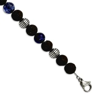 Extension 7.5 Inch Link-Bracelet for Women JewelryWeb 8.5mm Stainless Steel Artisan Oxidized and Polished With Lava Stone And Sodalite continuator along Beads Bracelet With 1 Inch 