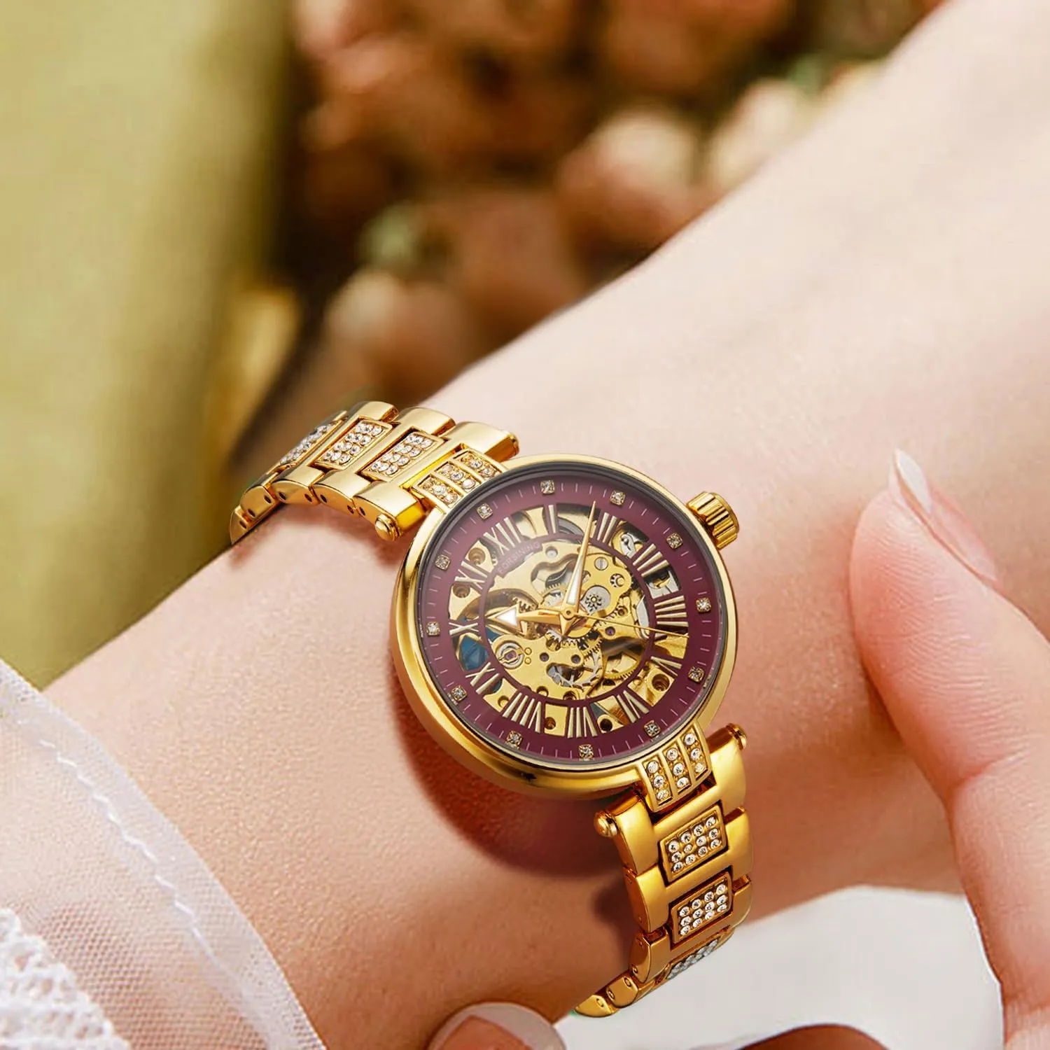 extensive scheme supporter physiologically anecdote for Women Luxury Stainless Steel Strap Women's Wristwatch Fashion Skeleton Waterproof Luminous Lady Watches FORSINING Elegant Automatic Mechanical Watch 