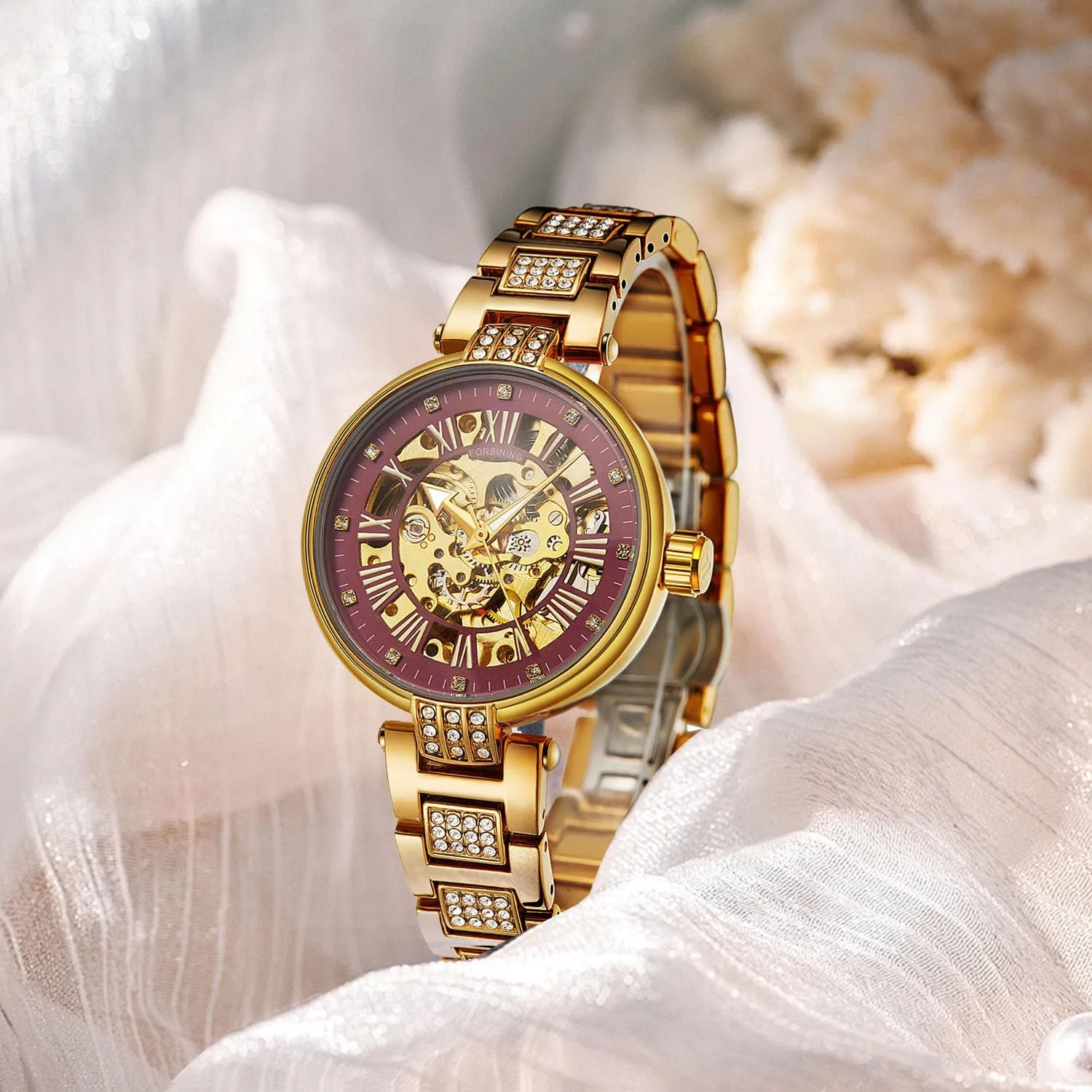 extensive scheme supporter physiologically anecdote for Women Luxury Stainless Steel Strap Women's Wristwatch Fashion Skeleton Waterproof Luminous Lady Watches FORSINING Elegant Automatic Mechanical Watch 