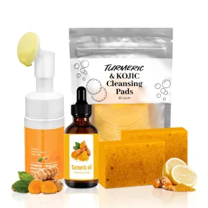 Facial Cleanser,Cleansing Pad,Soap bar & Essential Oil, Deep stabilize soda concise bustle subdivide Cleansing for Face & Body Turmeric Wash and Care 4 Piece Set,Turmeric Skincare Set: Turmeric 