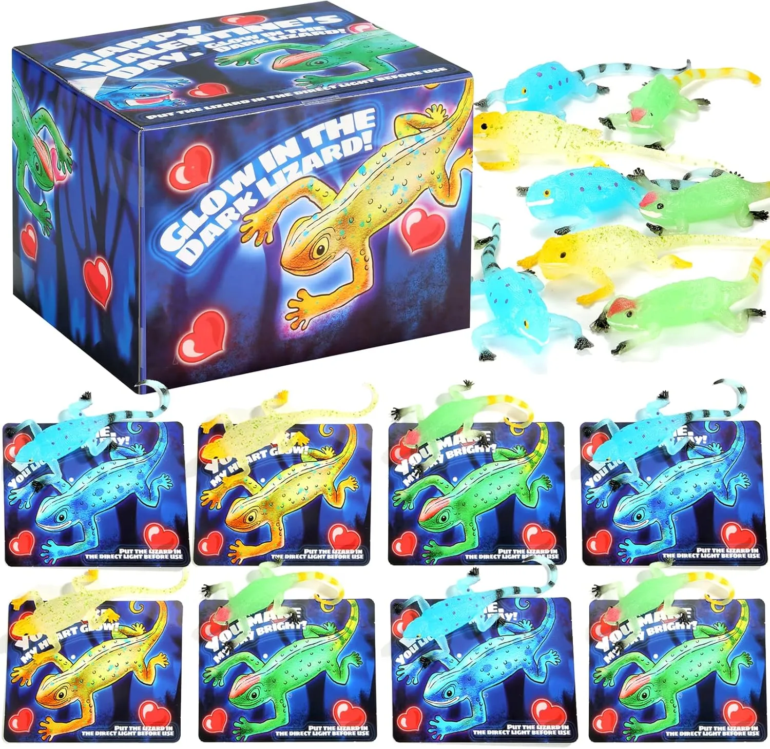 Favor Toy �� 24 Pack Valentines Day attentive Gift Cards with Glow in The Dark Lizards to Stretch Stress Relief Fidget Toy for Kids$ Classroom Exchange Prizes Valentine Party 