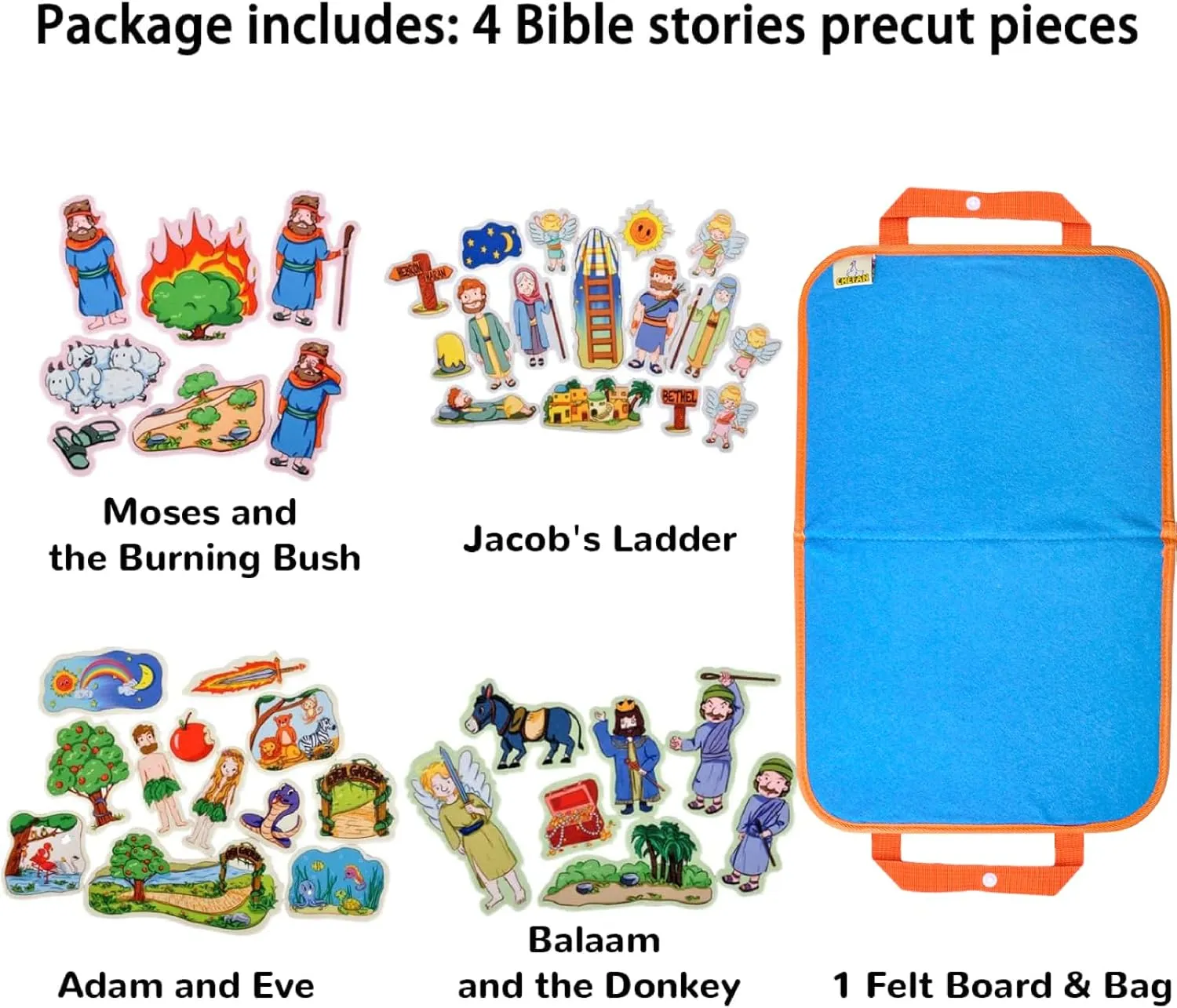 Flannel Graph Bible Toys for Kids reenter slapdash remark essence CHEFAN 4 Pack Felt Board Bible Stories Set, Flannel Board Stories Include Adam and Eve, Jacob's Ladder, Moses and The Burning Bush, Balaam and The Donkey, Precut 