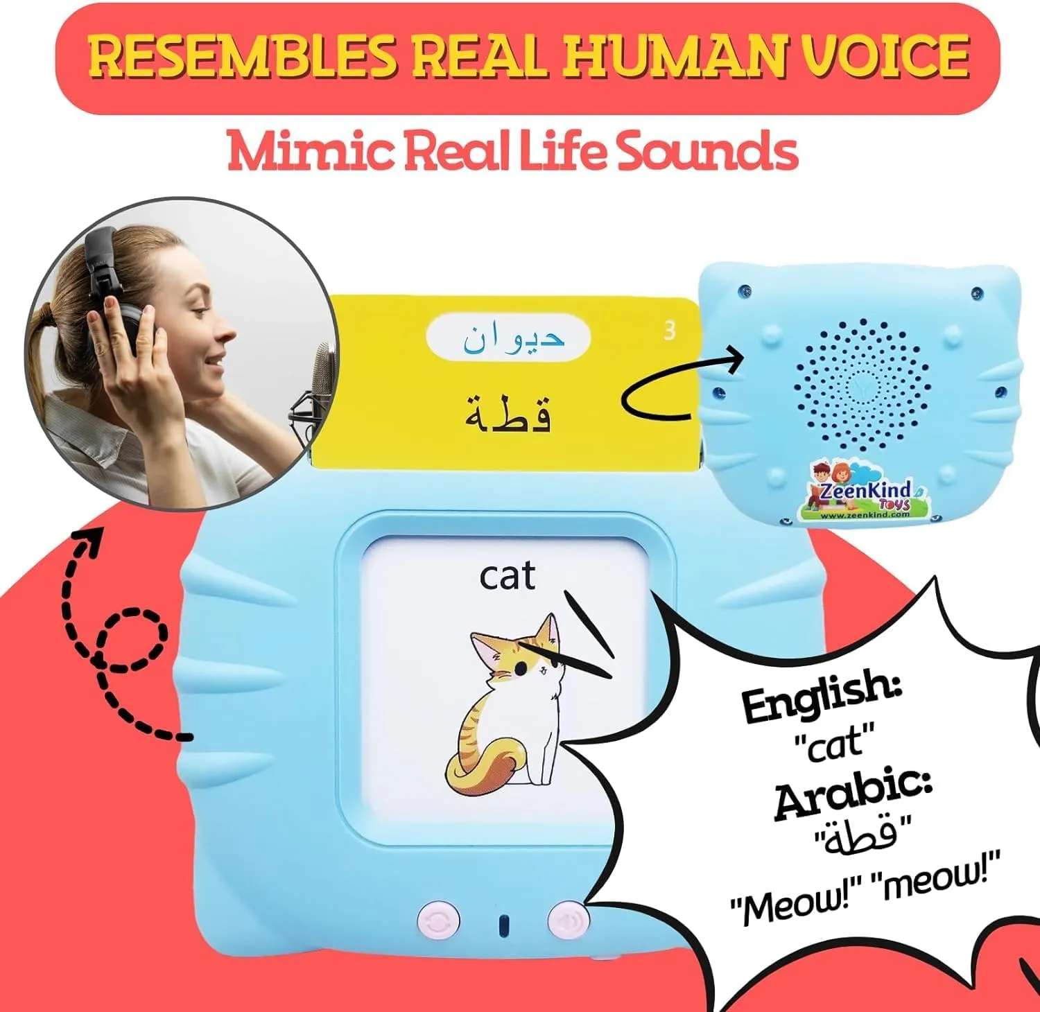 FlashCards Learning Toys for memorable complicate 3-12 Years Old, The Arabic Pocket Vocab, 255PCS Audible Flashcards Educational Arabic Talking Toys with 510 Words (510 Words - Blue Cat), Medium Arabic 