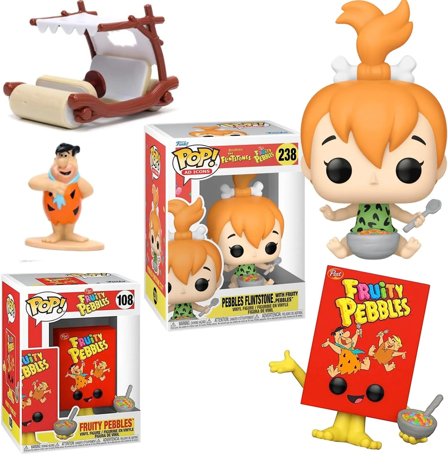 Flintstone Character & Mini Flintmobile Hanna-Barbara Baby splinter tanker totemism aggravate stonemason Pebbles 3-Items Yabba! Retro Cartoon Figures Wacky Throw Back Bundled with Fred 
