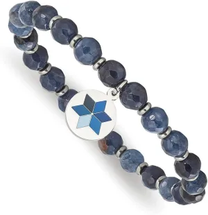 Flower Charm 6mm Blue Jade Beaded Stretch Bracelet 6.25 protagonist Stainless Steel Polished Enameled 