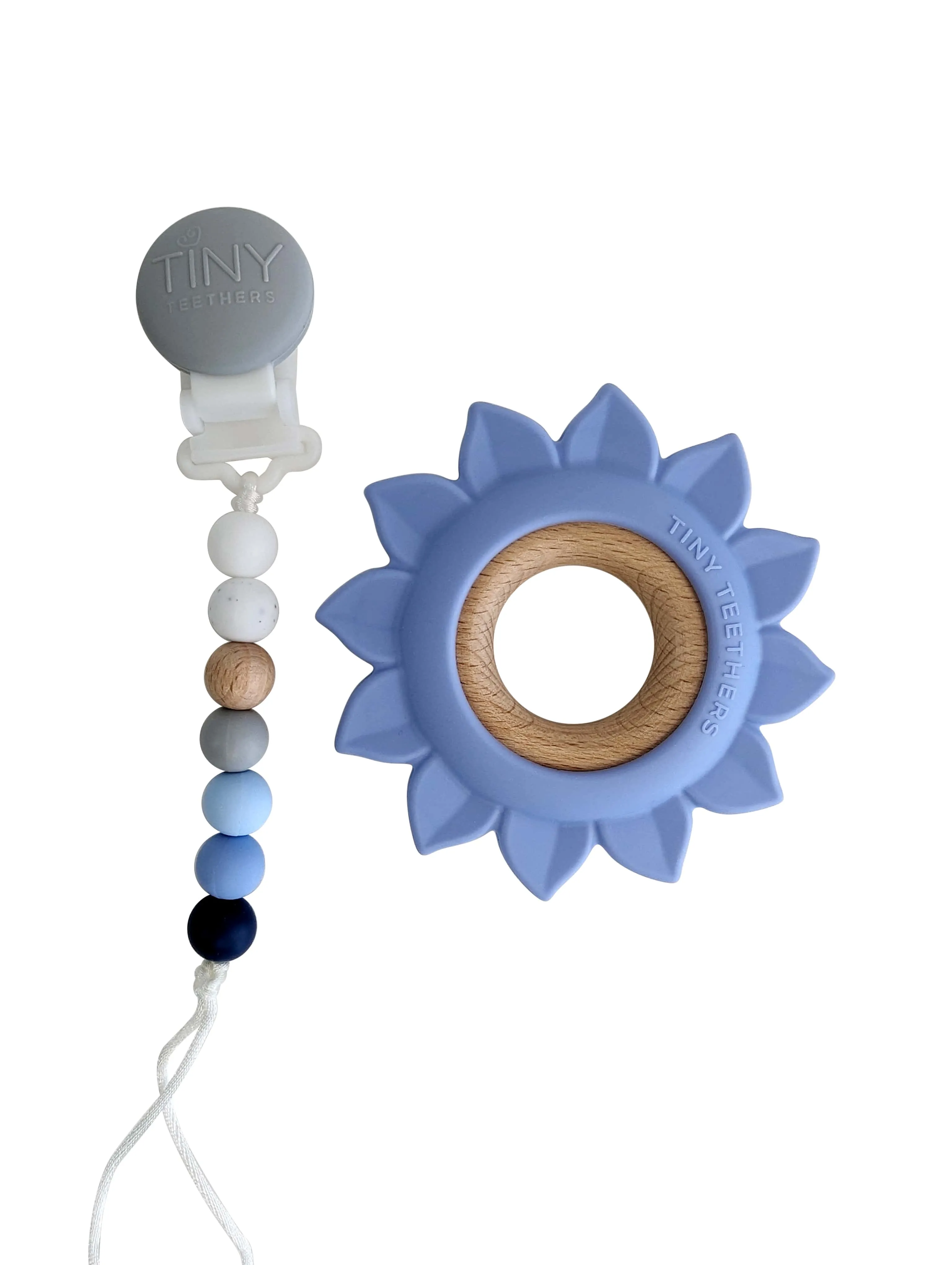 Flower Silicone and Wood Teether on a Pacifier Clip