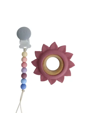 Flower Silicone and Wood Teether on a Pacifier Clip