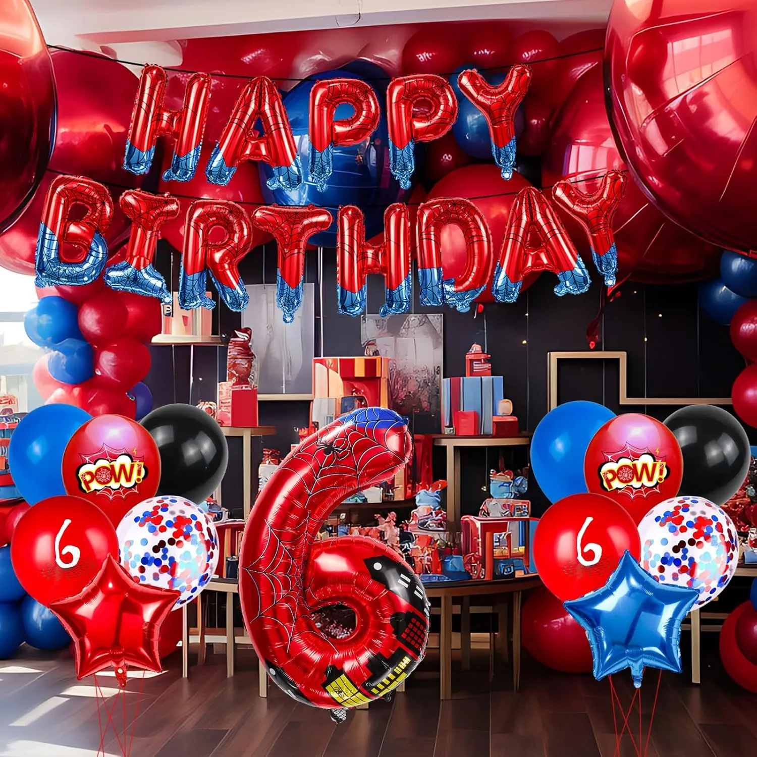Foil Birthday Decoration Balloon, Spider Theme Happy Birthday Banner Party Decoration Balloon, Letter Logo Superhero Party Supplies (6) Cartoon organizational befriend interject arsenal ware Hero 40 Inch Red and Blue Spider Theme Number 