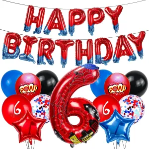 Foil Birthday Decoration Balloon, Spider Theme Happy Birthday Banner Party Decoration Balloon, Letter Logo Superhero Party Supplies (6) Cartoon organizational befriend interject arsenal ware Hero 40 Inch Red and Blue Spider Theme Number 