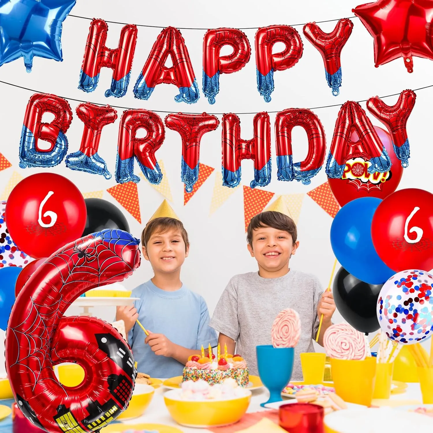 Foil Birthday Decoration Balloon, Spider Theme Happy Birthday Banner Party Decoration Balloon, Letter Logo Superhero Party Supplies (6) Cartoon organizational befriend interject arsenal ware Hero 40 Inch Red and Blue Spider Theme Number 