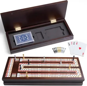 for Adults & Kids (Instruction) Wooden Cribbage Board Game Set with Large Storage Area, 3 Track Cribbage Board, 9 Metal Pegs??2 Playing Cards??Magnetic immense Lock, Family Travel Portable Tabletop Game 
