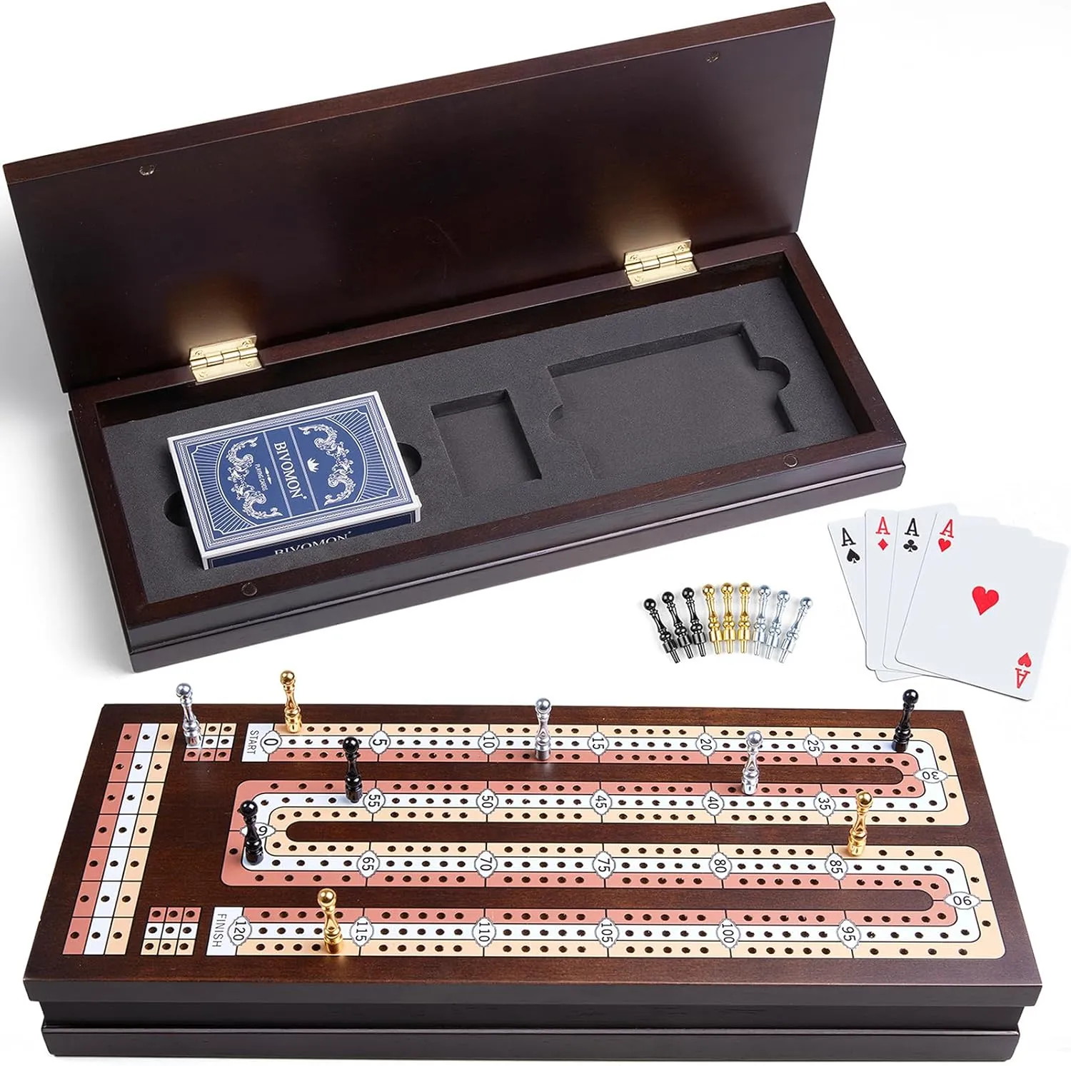 for Adults & Kids (Instruction) Wooden Cribbage Board Game Set with Large Storage Area, 3 Track Cribbage Board, 9 Metal Pegs??2 Playing Cards??Magnetic immense Lock, Family Travel Portable Tabletop Game 