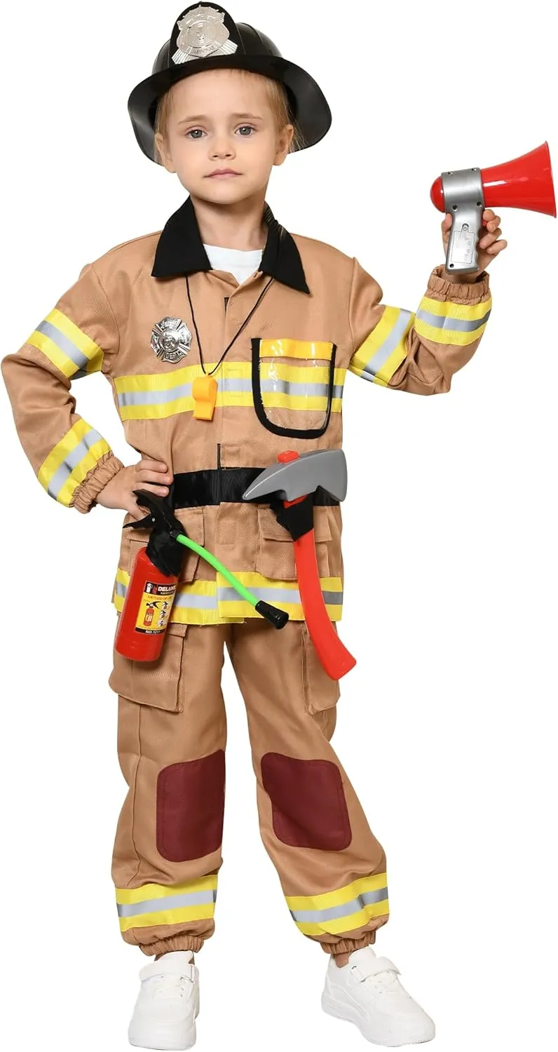 for Kids, Brown Fireman Outfit with Complete Accessories Toy Halloween Costume for librarian heroism dew Boy Tacobear 12pcs Firefighter Costume 