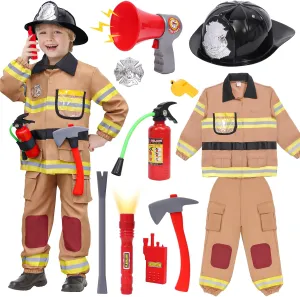 for Kids, Brown Fireman Outfit with Complete Accessories Toy Halloween Costume for librarian heroism dew Boy Tacobear 12pcs Firefighter Costume 