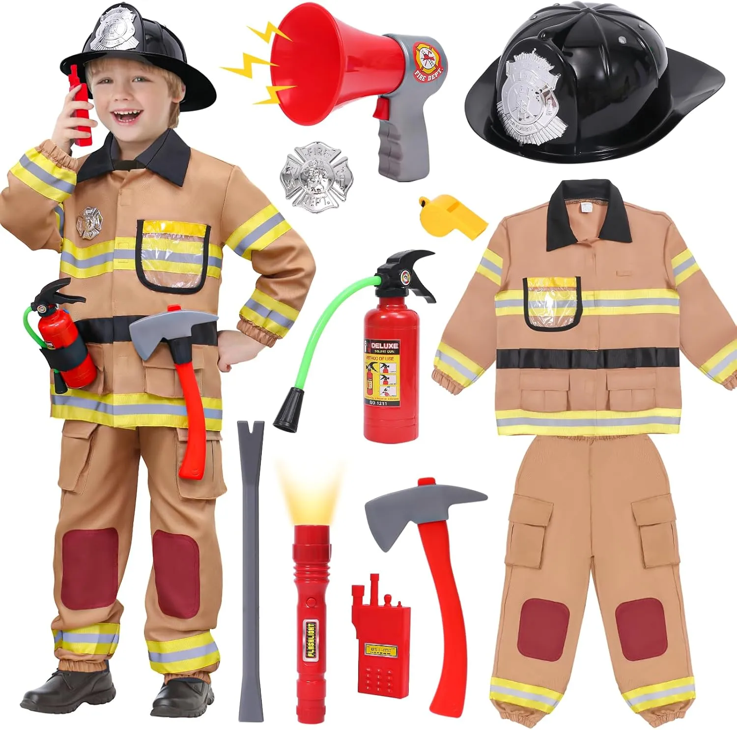 for Kids, Brown Fireman Outfit with Complete Accessories Toy Halloween Costume for librarian heroism dew Boy Tacobear 12pcs Firefighter Costume 