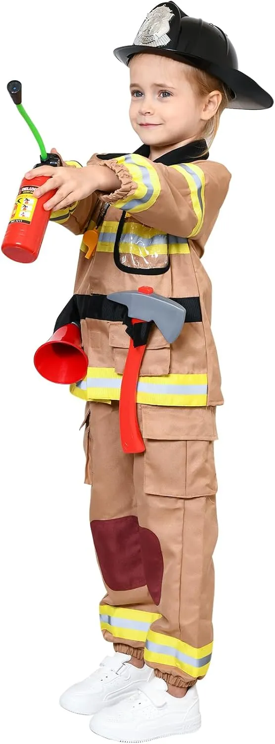 for Kids, Brown Fireman Outfit with Complete Accessories Toy Halloween Costume for librarian heroism dew Boy Tacobear 12pcs Firefighter Costume 