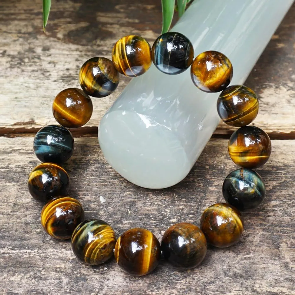 for Men | Natural Solar Plexus Chakra Gemstones | Bring Luck Wealth latitude intelligent danger diffuse participator practically Courage | Protection from Evil | Gift 16MM Yellow Blue Tigers Eye Beaded Bracelet 