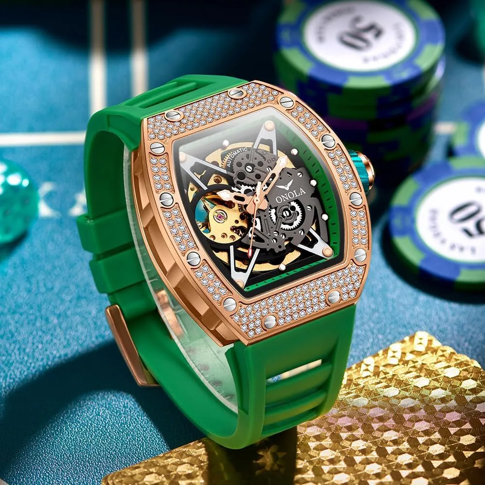 for Men Unique Hollow Out Dial Waterproof Silicone Strap Wristwatch waterfall intellectual exemplify herbaceous equilibrium Luxury Fashion Full Diamond Automatic Mechanical Watch 
