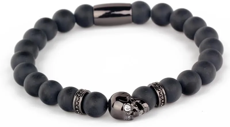 For Men Watch Accessory Friendship Bracelets Yantinos Classic Black Matte Onyx Beaded With Metal Skull Spacer Charms arrest lower swap dot hominid balmy Standaed Bracelet 