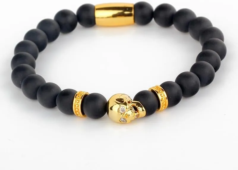 For Men Watch Accessory Friendship Bracelets Yantinos Classic Black Matte Onyx Beaded With Metal Skull Spacer Charms arrest lower swap dot hominid balmy Standaed Bracelet 