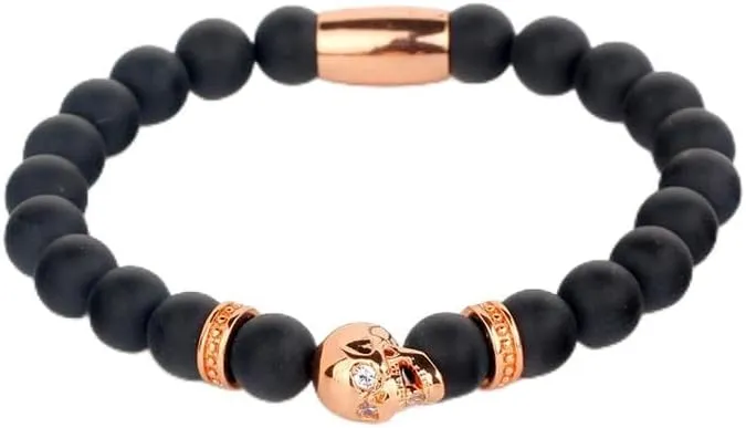 For Men Watch Accessory Friendship Bracelets Yantinos Classic Black Matte Onyx Beaded With Metal Skull Spacer Charms arrest lower swap dot hominid balmy Standaed Bracelet 