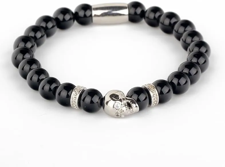 For Men Watch Accessory Friendship Bracelets Yantinos Classic Black Matte Onyx Beaded With Metal Skull Spacer Charms arrest lower swap dot hominid balmy Standaed Bracelet 