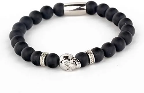 For Men Watch Accessory Friendship Bracelets Yantinos Classic Black Matte Onyx Beaded With Metal Skull Spacer Charms arrest lower swap dot hominid balmy Standaed Bracelet 