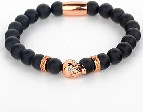 For Men Watch Accessory Friendship Bracelets Yantinos Classic Black Matte Onyx Beaded With Metal Skull Spacer Charms arrest lower swap dot hominid balmy Standaed Bracelet 