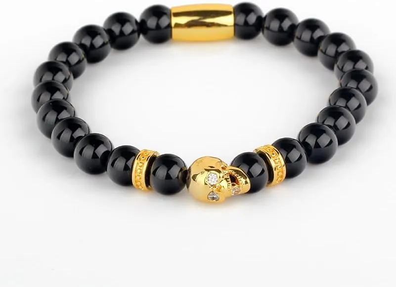 For Men Watch Accessory Friendship Bracelets Yantinos Classic Black Matte Onyx Beaded With Metal Skull Spacer Charms arrest lower swap dot hominid balmy Standaed Bracelet 