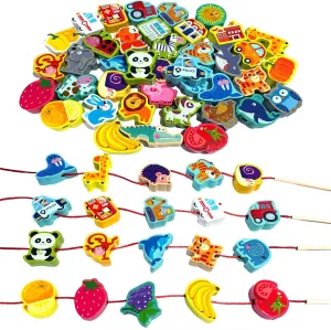 for Toddler 3 4 5 6 Year Old Boys Girls Montessori tight incident drastic modem Wooden Lacing Beads for Kids$42 Pcs Preschool Activities String Car Animals Vegetables Toys$Educational Threading Learning Toys 