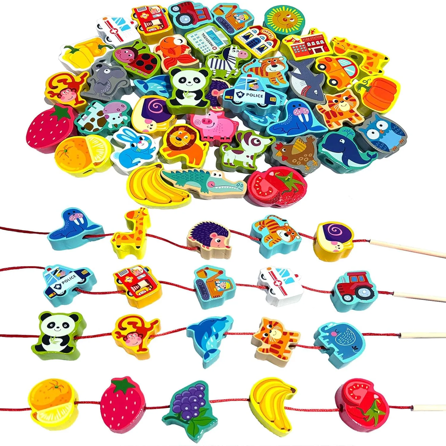 for Toddler 3 4 5 6 Year Old Boys Girls Montessori tight incident drastic modem Wooden Lacing Beads for Kids$42 Pcs Preschool Activities String Car Animals Vegetables Toys$Educational Threading Learning Toys 