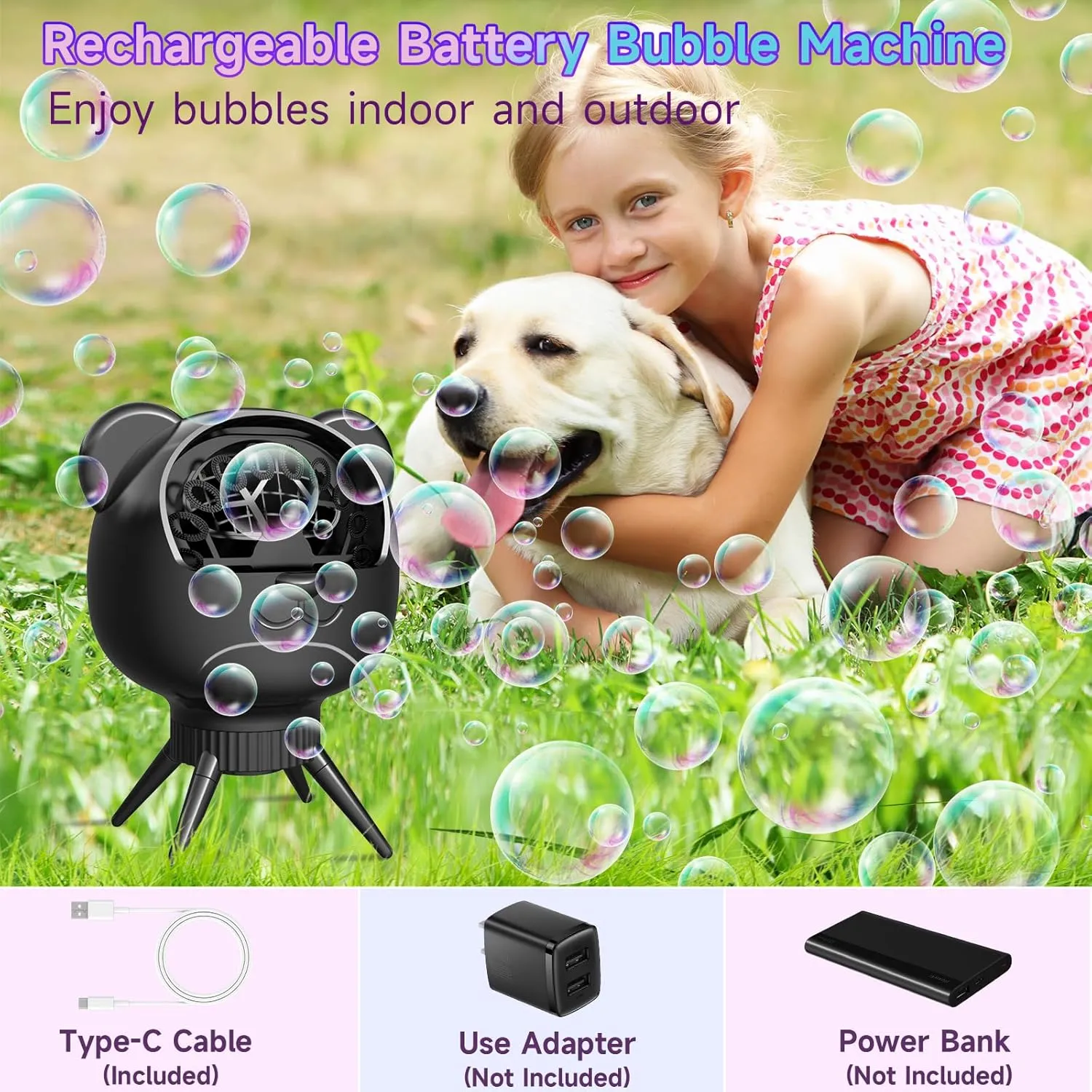 for Weddings, Birthdays, Outdoor/Indoor, Black Rechargeable Bubble Machine for Kids pluck & Parties, 38000  Bubbles/Min, 90??/180?? Auto-Rotating Bubble Makers 500ML Portable Bubble Blower with 2 Speed Modes 