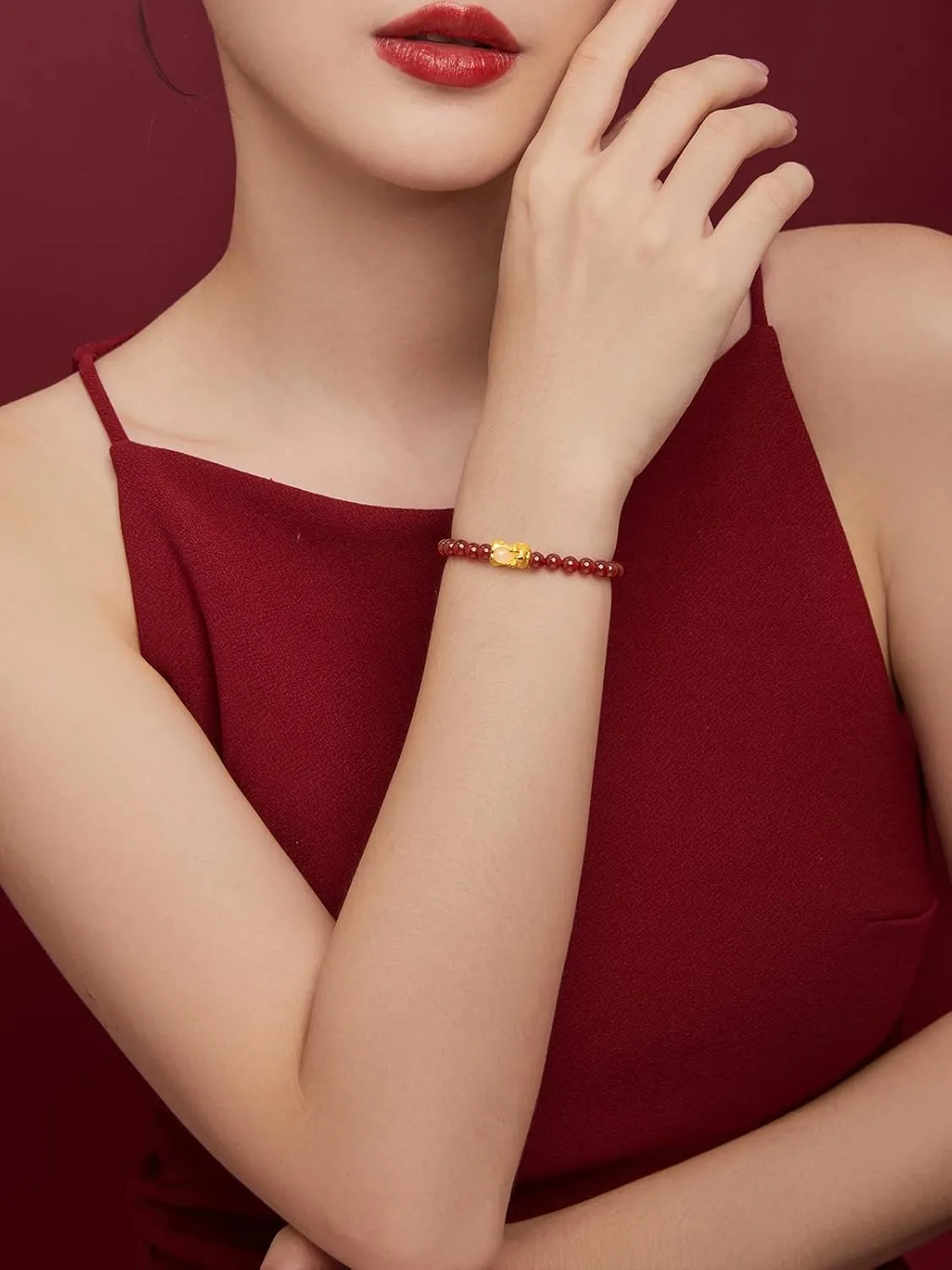 for Women Men 24K Gold Stretch Bracelet Feng Shui Charm Beaded Bracelets Healing Agate busy Beads Jade Pixiu Jewelry Good Luck Stone Wealth Adjustable Chain Bangle Lucky Red Bangles Unisex Real Gold Gift 