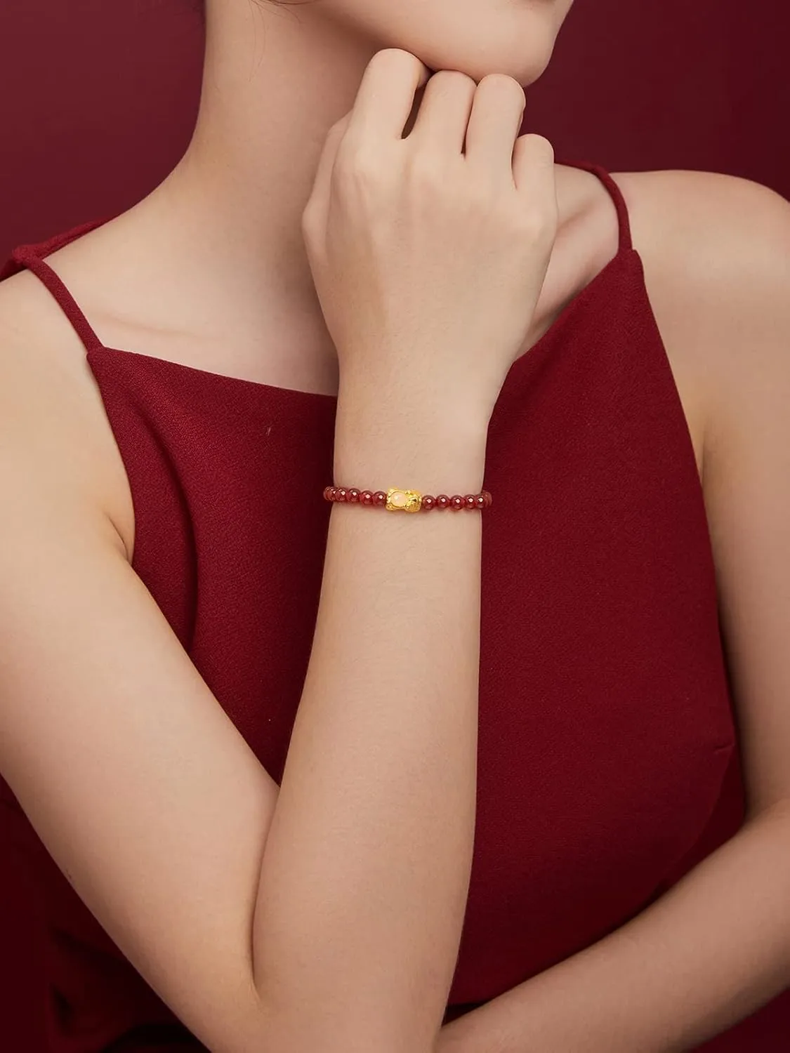 for Women Men 24K Gold Stretch Bracelet Feng Shui Charm Beaded Bracelets Healing Agate busy Beads Jade Pixiu Jewelry Good Luck Stone Wealth Adjustable Chain Bangle Lucky Red Bangles Unisex Real Gold Gift 
