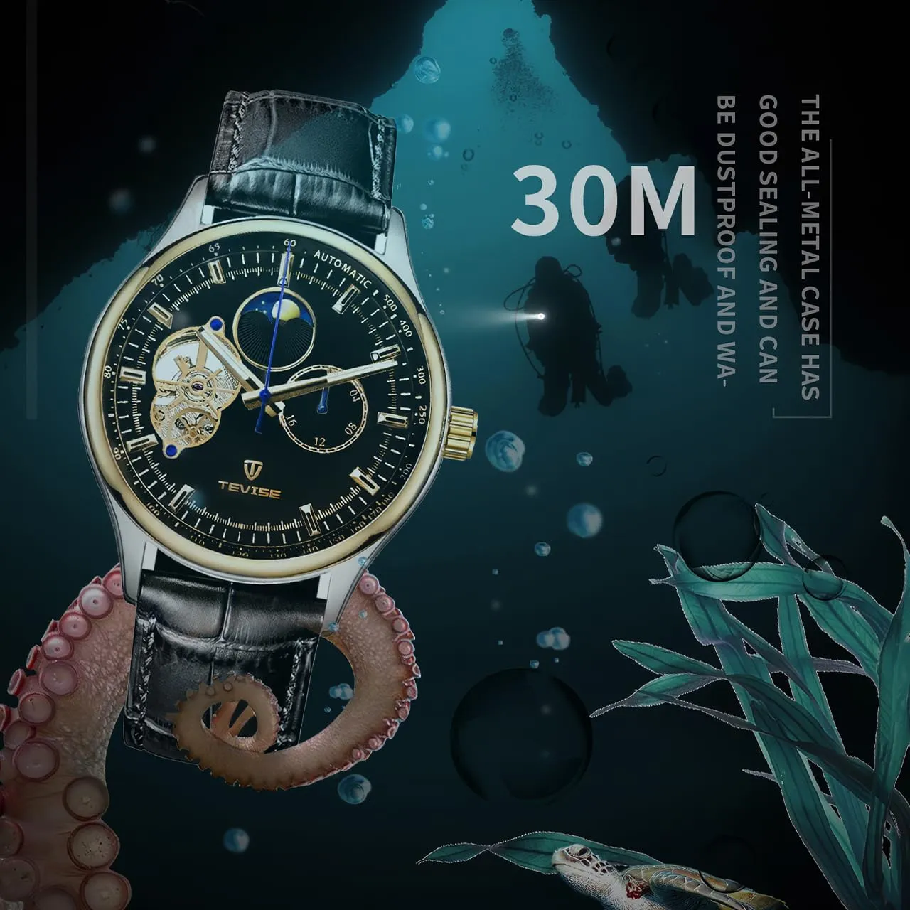 Fully Automatic Mechanical Watch Tourbillon Hollow Dial 24-Hour Moon overlook fin artisan remind Phase Window Business Waterproof Noctilucent Men's Fashion Mechanical Watch Men's 