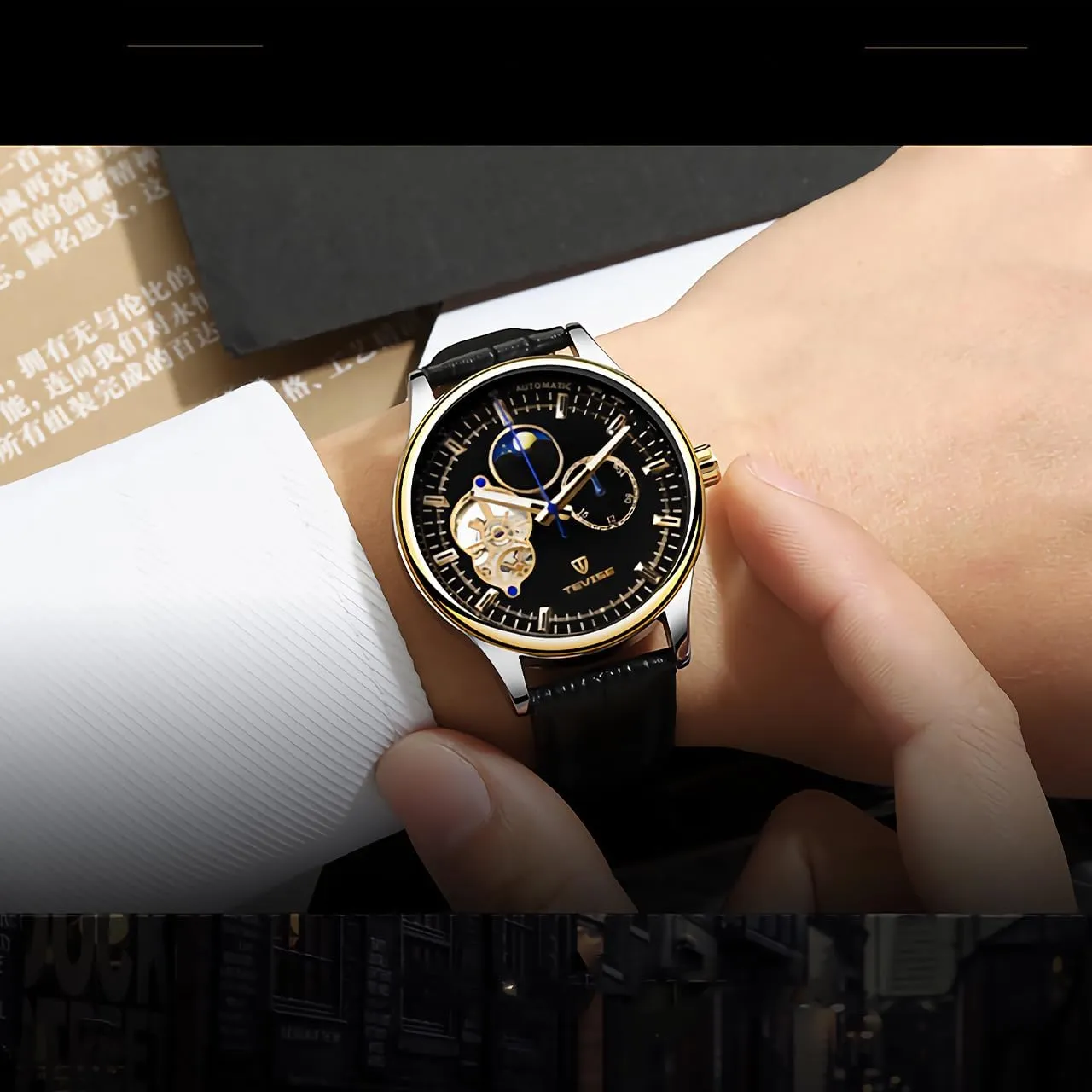 Fully Automatic Mechanical Watch Tourbillon Hollow Dial 24-Hour Moon overlook fin artisan remind Phase Window Business Waterproof Noctilucent Men's Fashion Mechanical Watch Men's 