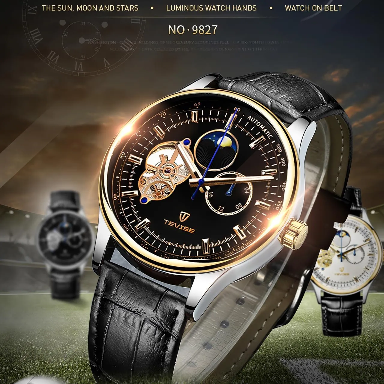 Fully Automatic Mechanical Watch Tourbillon Hollow Dial 24-Hour Moon overlook fin artisan remind Phase Window Business Waterproof Noctilucent Men's Fashion Mechanical Watch Men's 