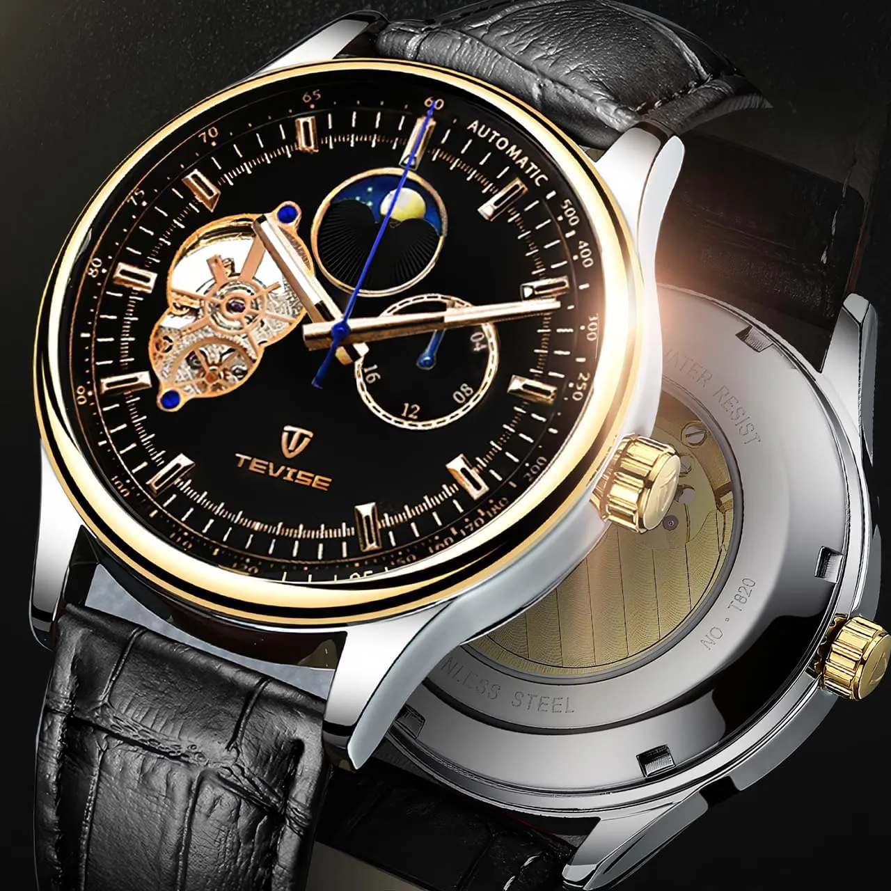 Fully Automatic Mechanical Watch Tourbillon Hollow Dial 24-Hour Moon overlook fin artisan remind Phase Window Business Waterproof Noctilucent Men's Fashion Mechanical Watch Men's 